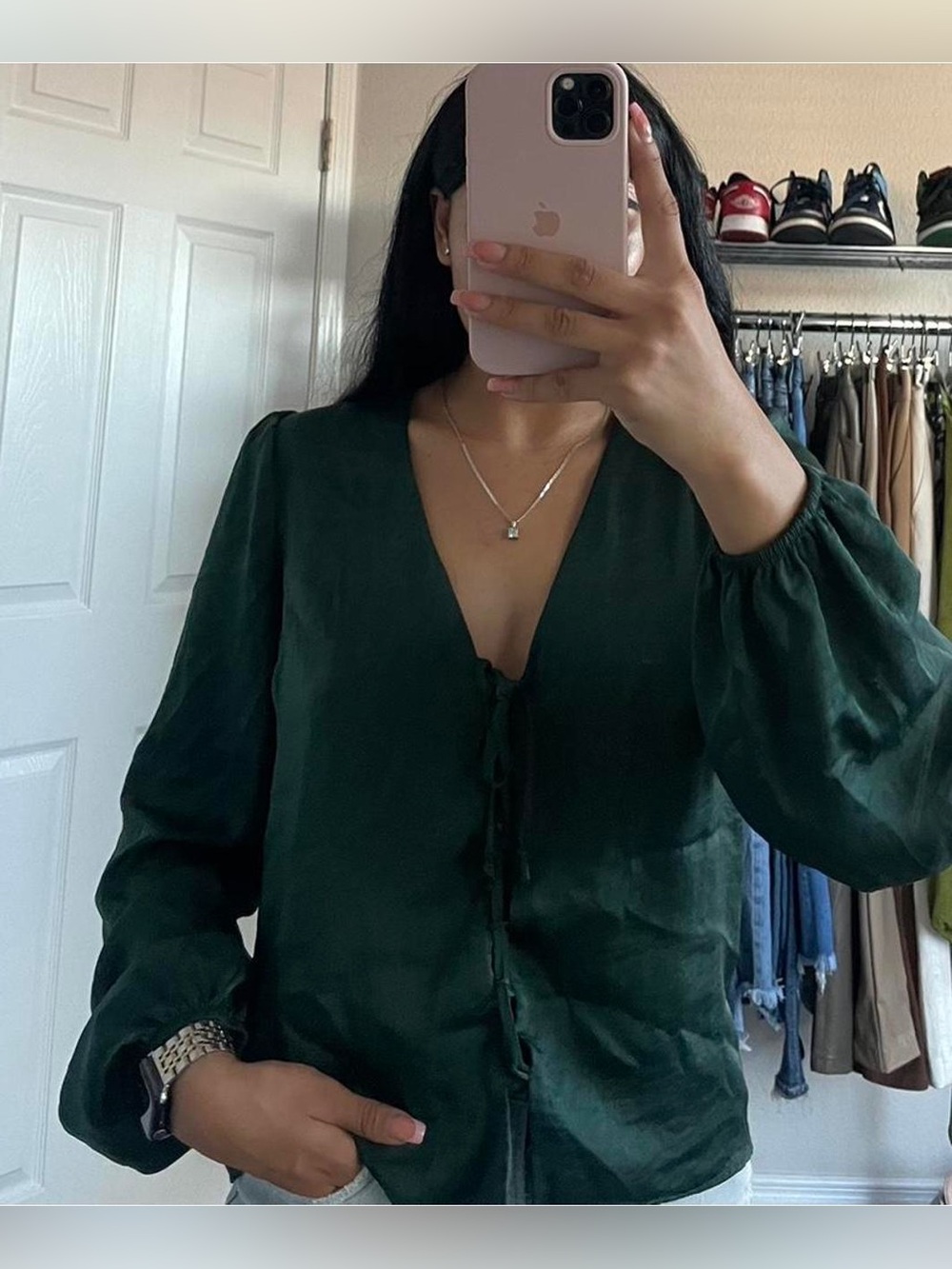 Forever 21 Emerald Green Satin Tie-Front Long Sleeve Blouse M